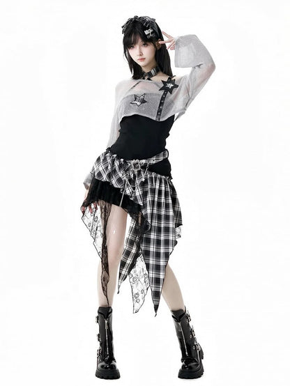 Black/Gray Star Strap Distressed Holes Punk Rock Hollow-Out Cropped Coverup