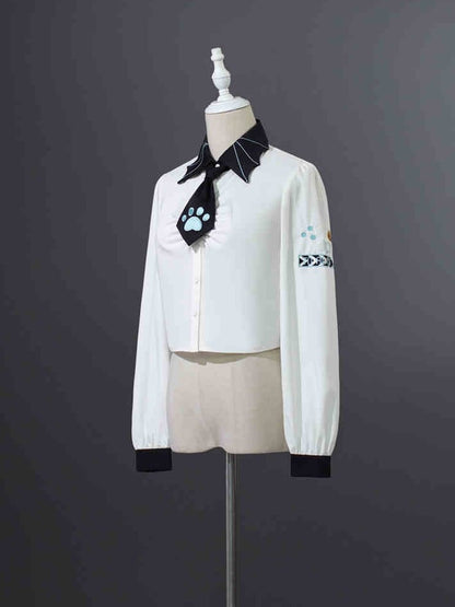 White Punk Rock Ruched Long Sleeves Shirt with Tie