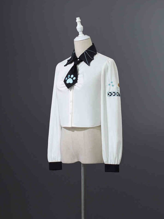 White Punk Rock Ruched Long Sleeves Shirt with Tie