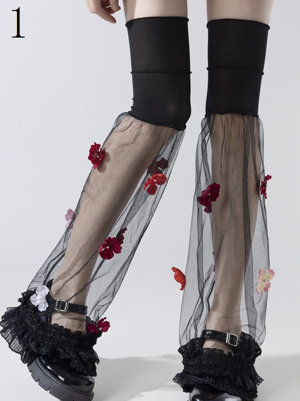 Black/White Semi-sheer Leg Sleeves With Red/Pink/Blue Flowers