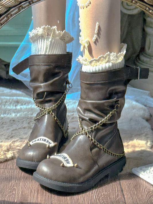 Brown Crisscross Chain Stud Detail Boots
