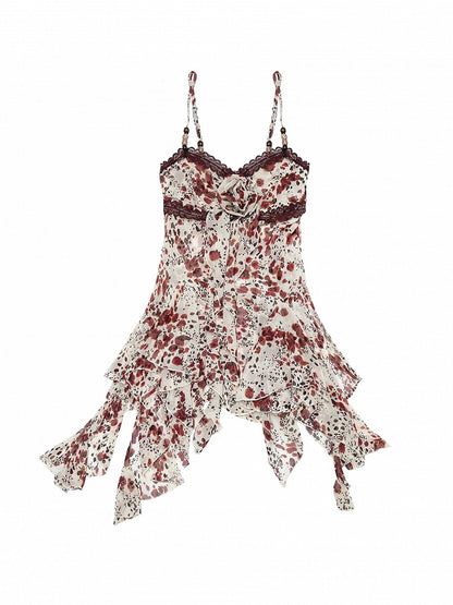 Detachable Flower Decorated White and Red Asymmetrical Hem Cami Top