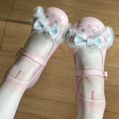 Pink&Blue Bowknot Details Plush Bunny Ear Sweet Lolita Round Toe Shoes With Bunny Buckle Strap