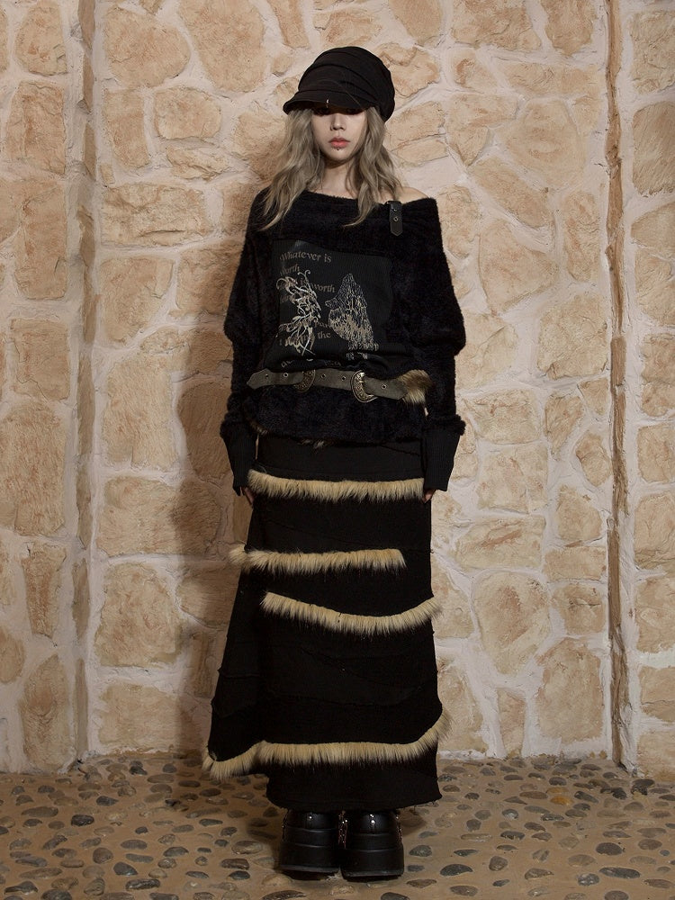 Black Off-Shoulder Punk Wing Print Knit Top with Batwing Sleeves & Buckle Strap