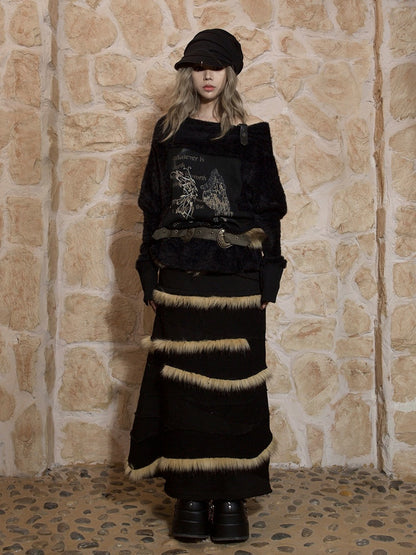 Black Off-Shoulder Punk Wing Print Knit Top with Batwing Sleeves & Buckle Strap