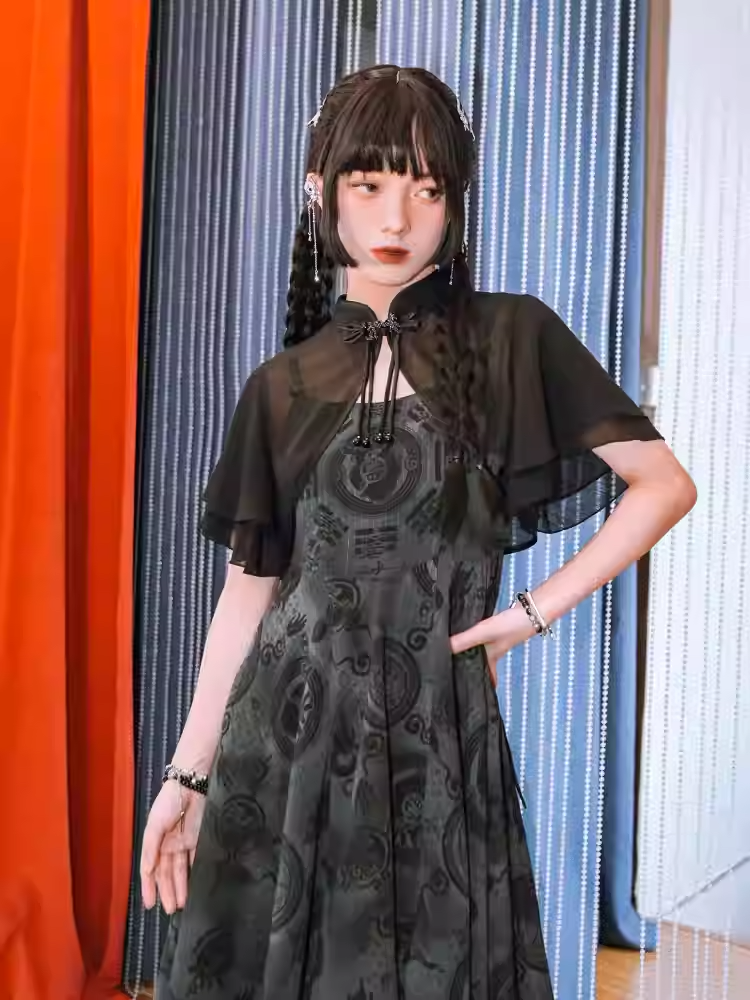 Black Chiffon Handkerchief Hem Cheongsam Style Graphic Cami Dress