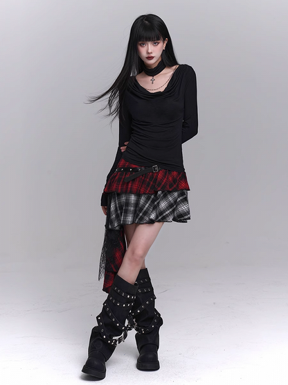 Red & Black Mesh Patchwork Asymmetrical Plaid Skirt with PU Buckle Belt