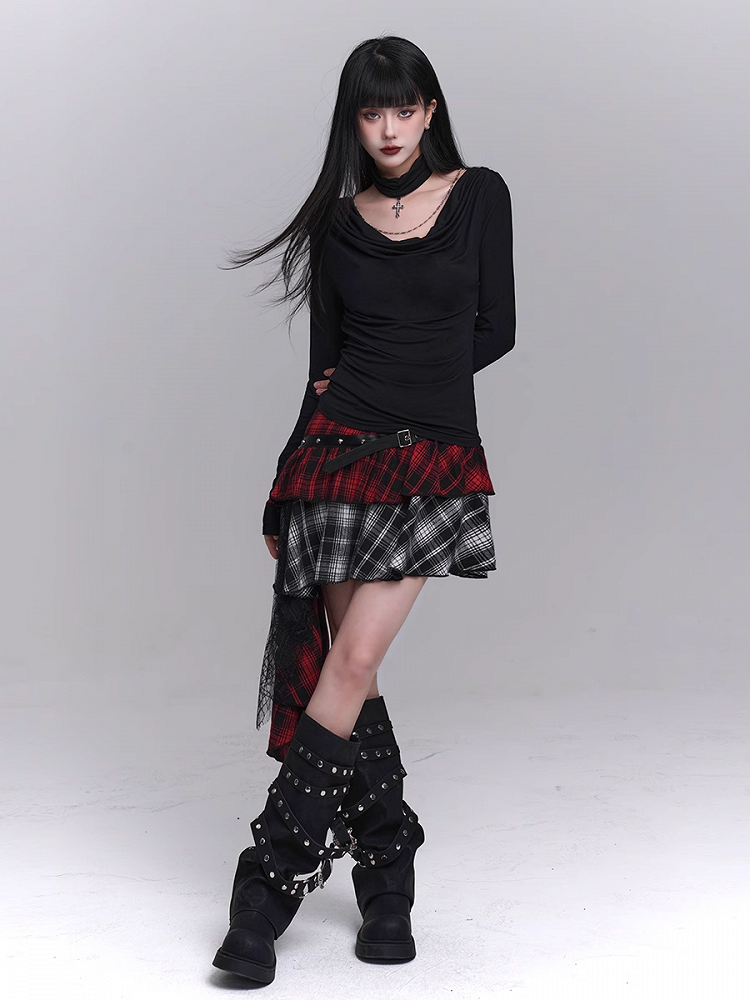 Red & Black Mesh Patchwork Asymmetrical Plaid Skirt with PU Buckle Belt