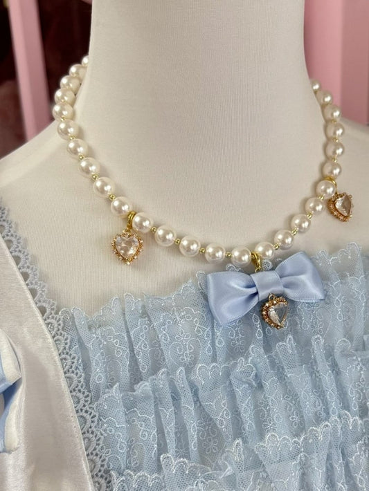 Blue/Gray Rhinestone Heart And Bowknot Pendant Beaded Necklace