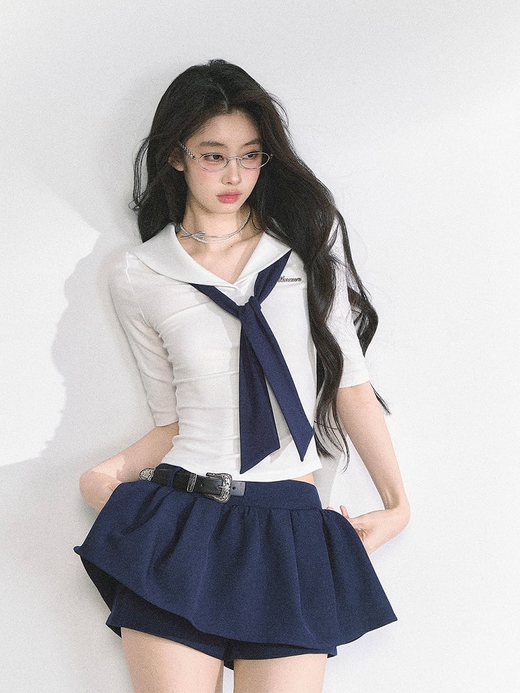 White/Navy Blue/Black/Gray Mini Skirt with Waist Belt