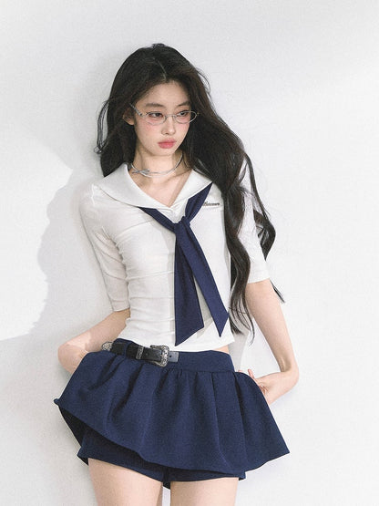 White/Navy Blue/Black/Gray Mini Skirt with Waist Belt