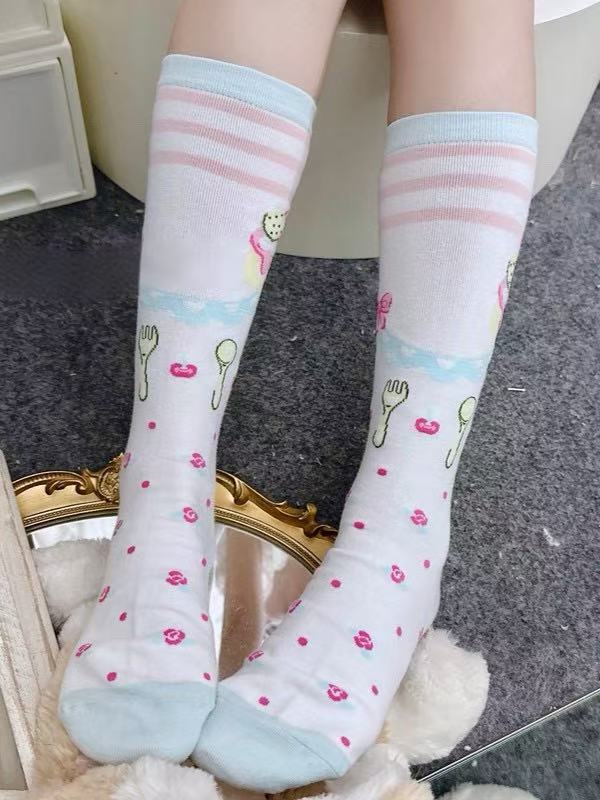 White Underknee Stockins With Beige Fork and Pink Cake Pattern