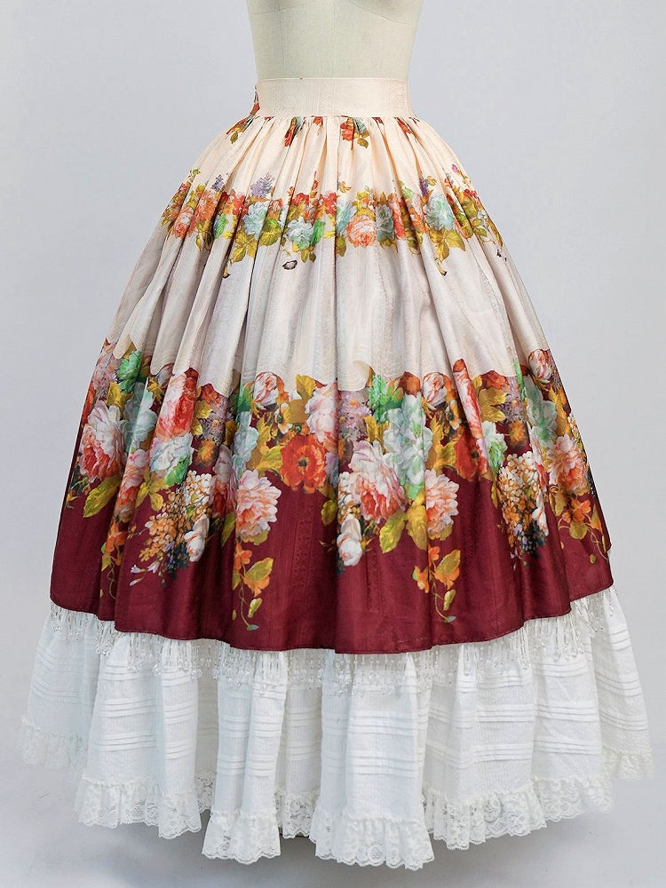 Historical Full Set- Pink Blouse + Wine Red Crystal Tassel Floral Skirt + Red Wide Belt