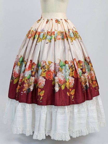 Historical Full Set- Pink Blouse + Wine Red Crystal Tassel Floral Skirt + Red Wide Belt