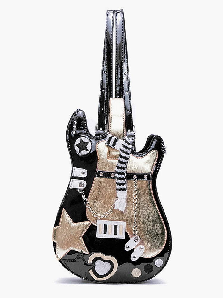 Black & Gold Star Design Sweetheart Embroidered Guitar-shaped Bag