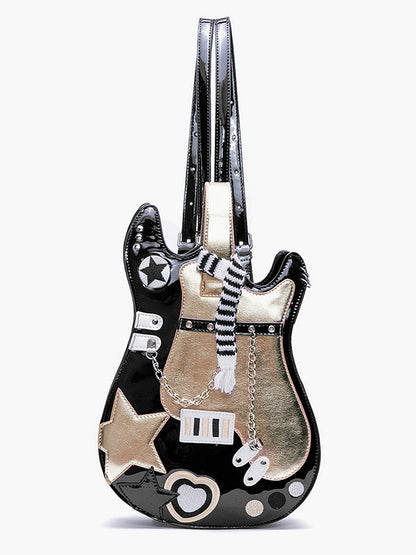 Black & Gold Star Design Sweetheart Embroidered Guitar-shaped Bag
