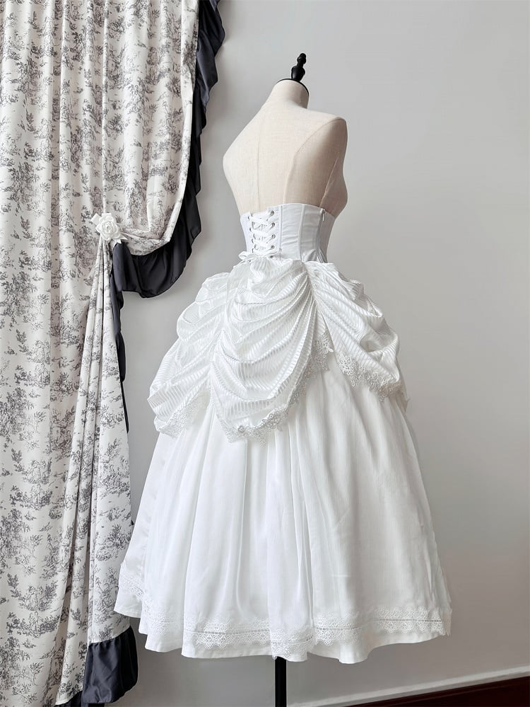 Clearance-Size L for Waist 68-72CM White Gothic Boned Corset Under Bust High Waist Aristocrat Lolita Skirt