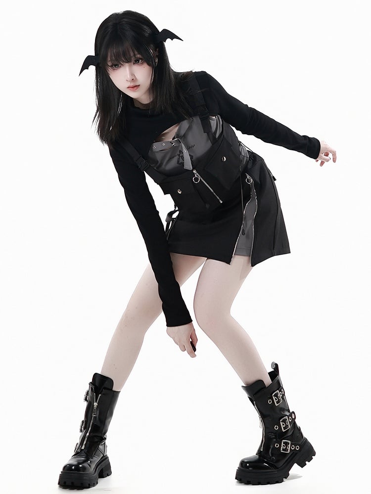 Buckle Strap Neckline Lace-up Side Gray Techwear Tank Top