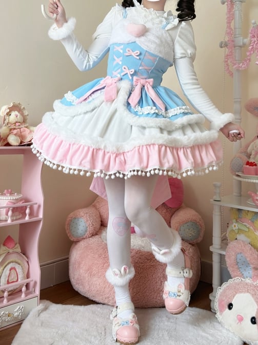 Plush Trimming Blue Sweet Lolita Dress for Autumn and Winter