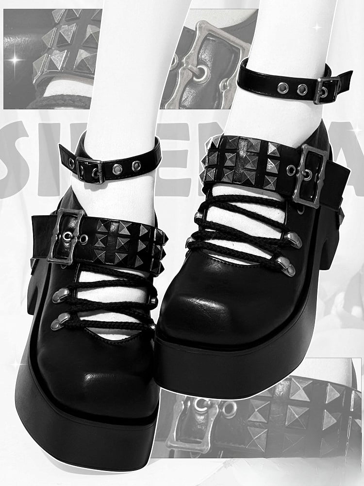 Black Punk Studs Details Crisscross Design Platform High Block Heels
