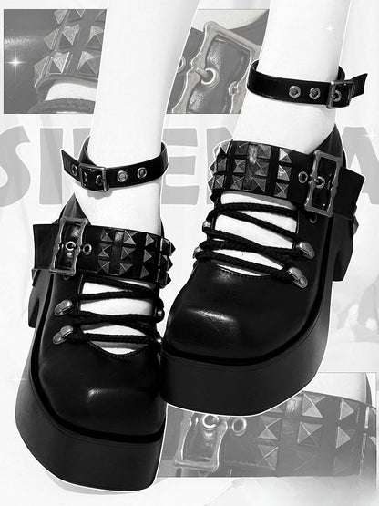 Black Punk Studs Details Crisscross Design Platform High Block Heels