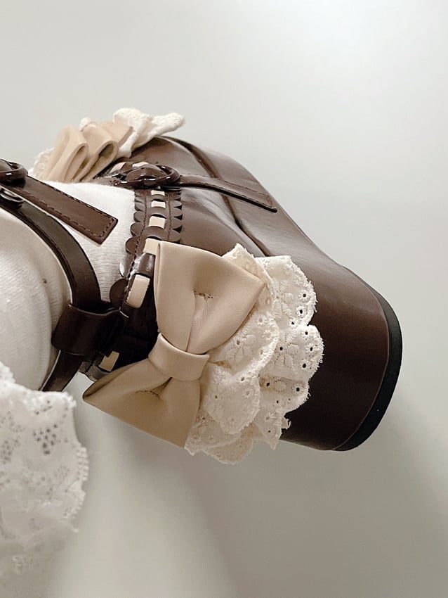 Chocolate Brown Bow at Top Lace Trim Heart Buckles Platforms