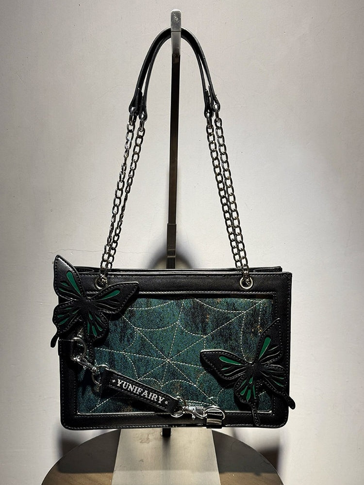 Green Ita Shoulder Bag with Gold Butterfly and Spiderweb Details – Small Capacity