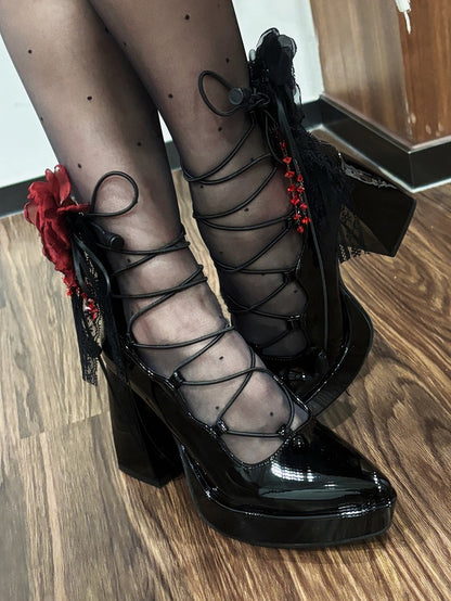 PU Gothic Polished Black High Block Heel Mary Janes - Black/Red Flower Shoe Clips, Back Zipper & Crisscross Design
