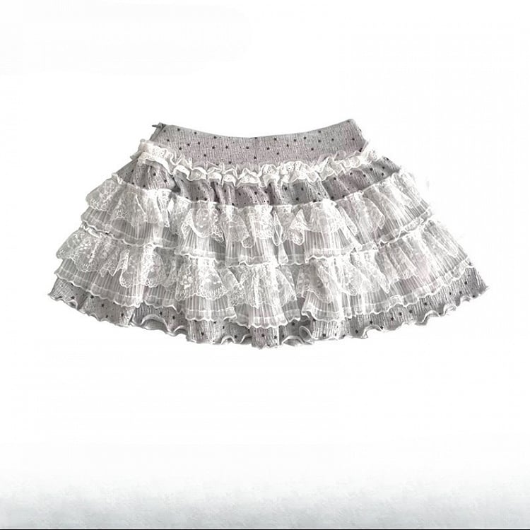 Gray Y2K Bittersweet Wide-leg Cut Pants + Polka-dot Pattern Lace Trim Tiered Skirt