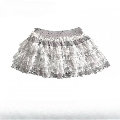 Gray Y2K Bittersweet Wide-leg Cut Pants + Polka-dot Pattern Lace Trim Tiered Skirt