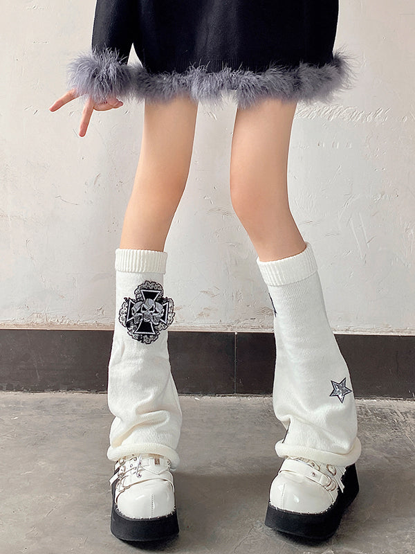 Cross Skulls Sequin Stars Details Leg Warmers Black/Red/White