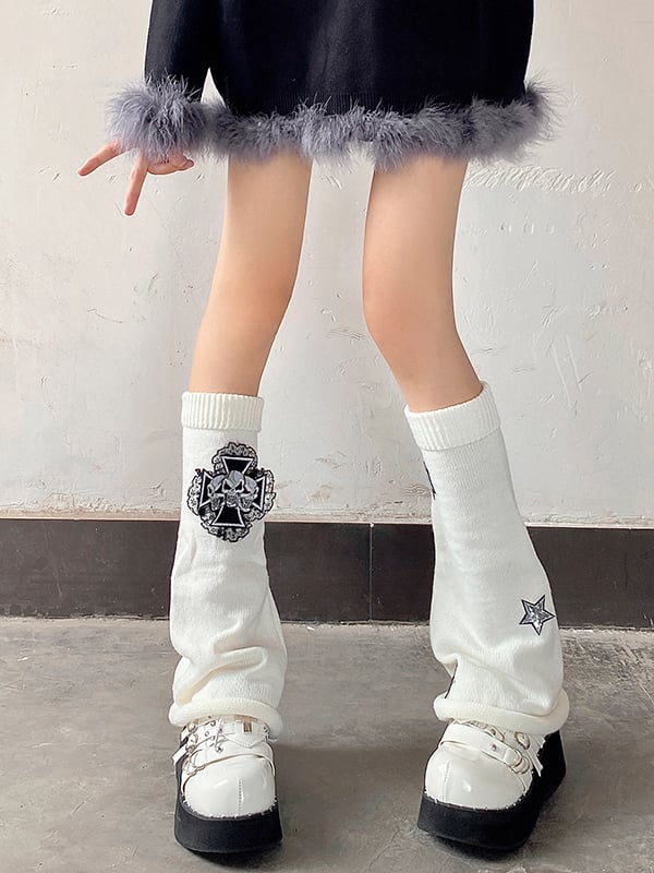 Cross Skulls Sequin Stars Details Leg Warmers Black/Red/White