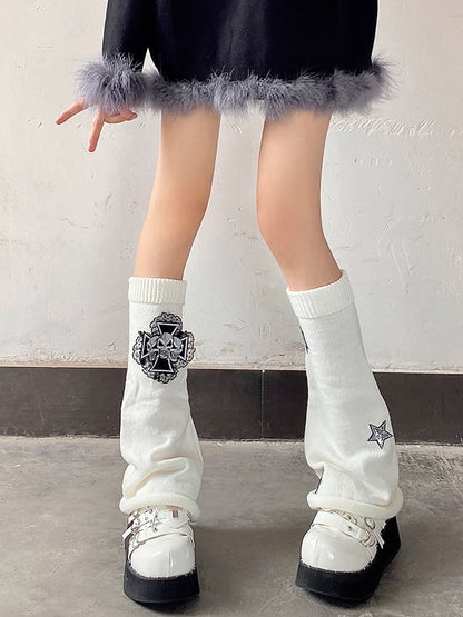 Cross Skulls Sequin Stars Details Leg Warmers Black/Red/White