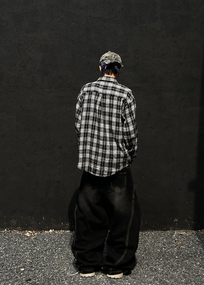 Punk Rock Skeleton and Cross Appliques Black & White Plaid Shirt