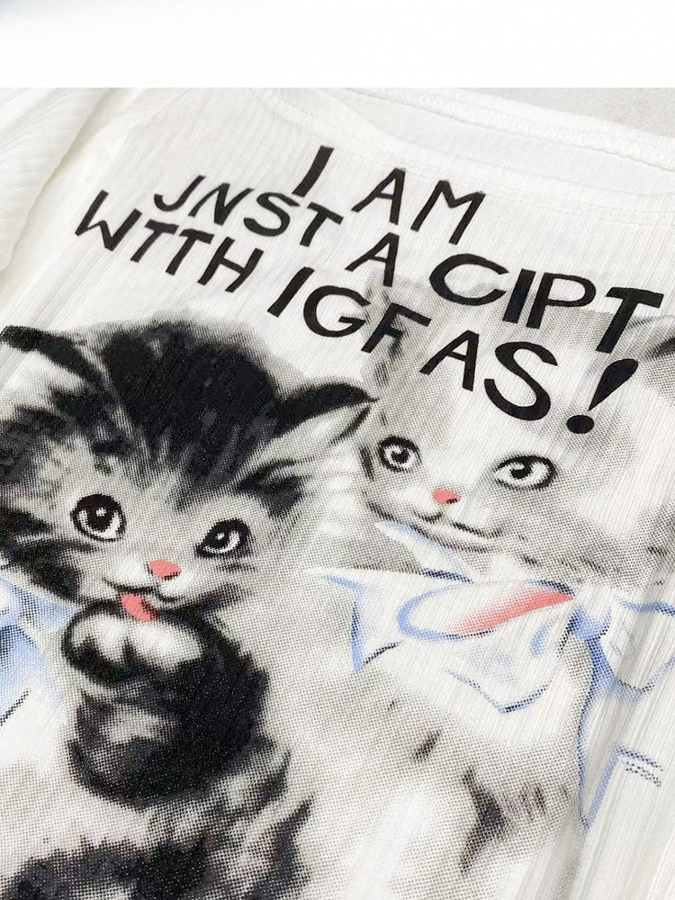 White Y2K Bittersweet Letter And Cat Print Off-the-shoulder Neckline Top