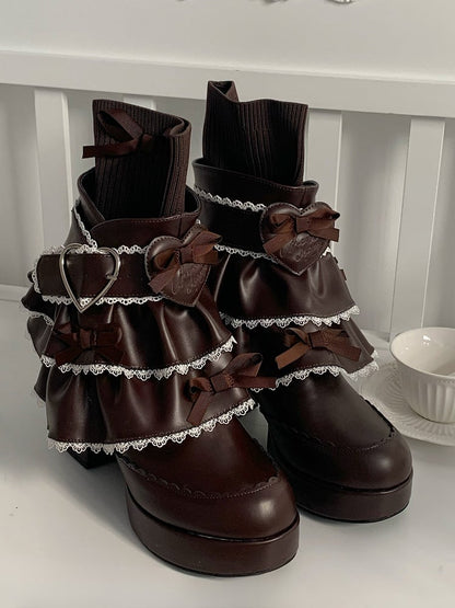 Brown Sweet Lolita Boots in PU - Layered Skirt-like Frills & Romantic Heart Clasp