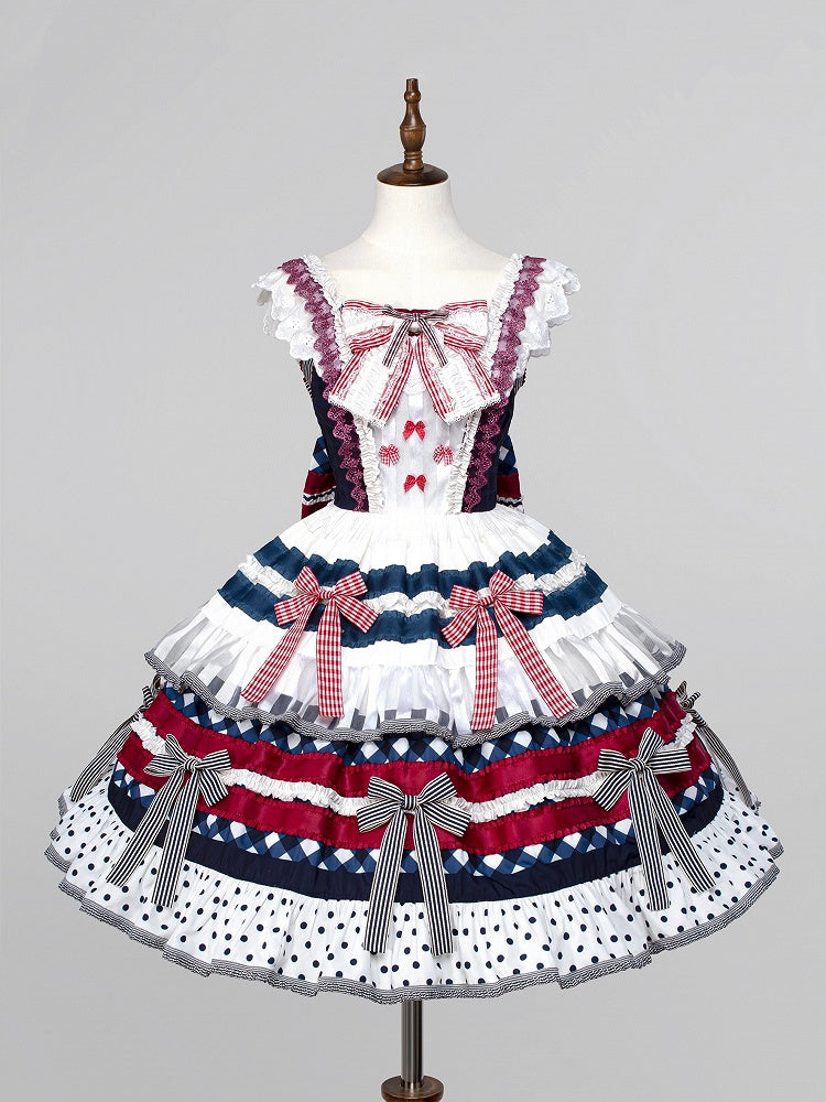 Dark Blue and Red Blueberry Cake Bow Accents Tiered Skirt Sweet Lolita Dress