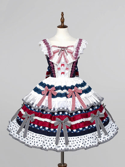 Dark Blue and Red Blueberry Cake Bow Accents Tiered Skirt Sweet Lolita Dress