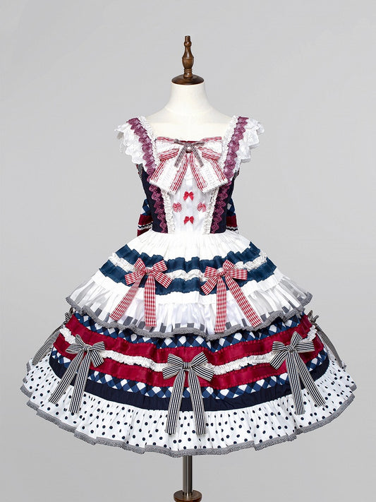 Dark Blue and Red Blueberry Cake Bow Accents Tiered Skirt Sweet Lolita Dress