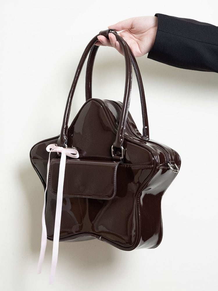 Kawaii 3-Way Glossy Black Star-Shaped Handbag With Ribbon Bow