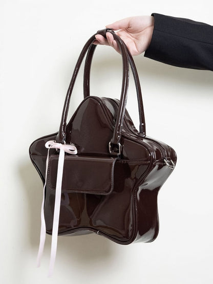 Kawaii 3-Way Glossy Black Star-Shaped Handbag With Ribbon Bow