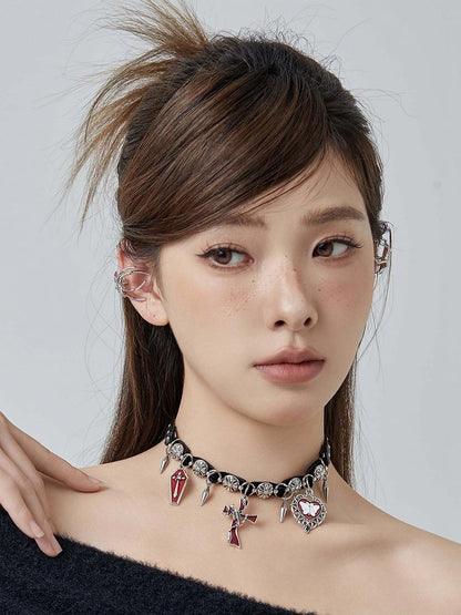 Punk Gothic Black and Red Crosses and Studs Choker