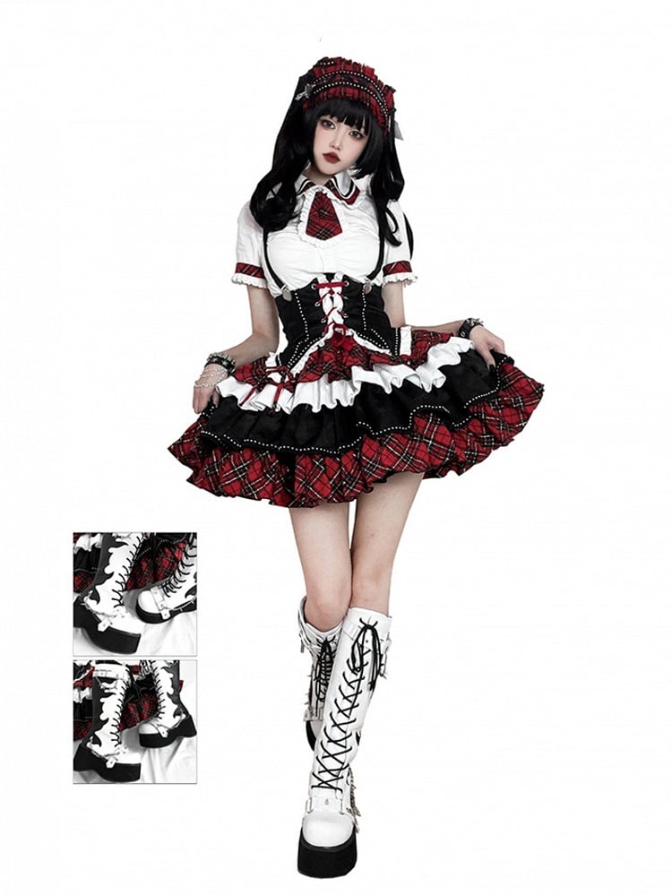 White and Black Punk Goth Platform Boots Spike Studs Chains Knee-high Boots