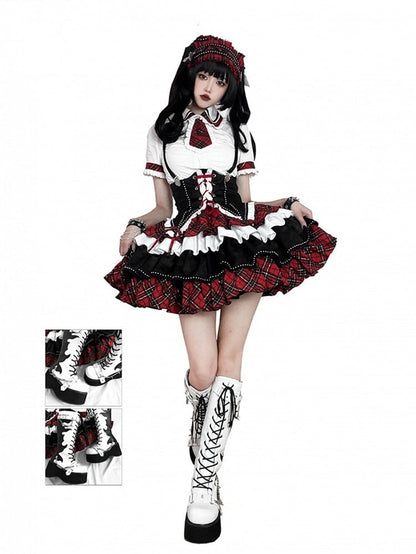 White and Black Punk Goth Platform Boots Spike Studs Chains Knee-high Boots