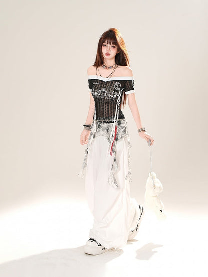 White Elastic Waist Wide-leg Casual Pants with Cascading Ruffles Waist Accessory