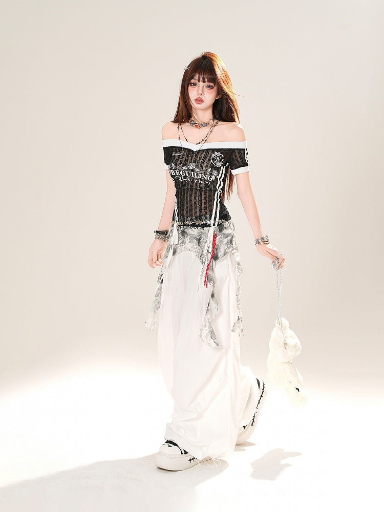 White Elastic Waist Wide-leg Casual Pants with Cascading Ruffles Waist Accessory