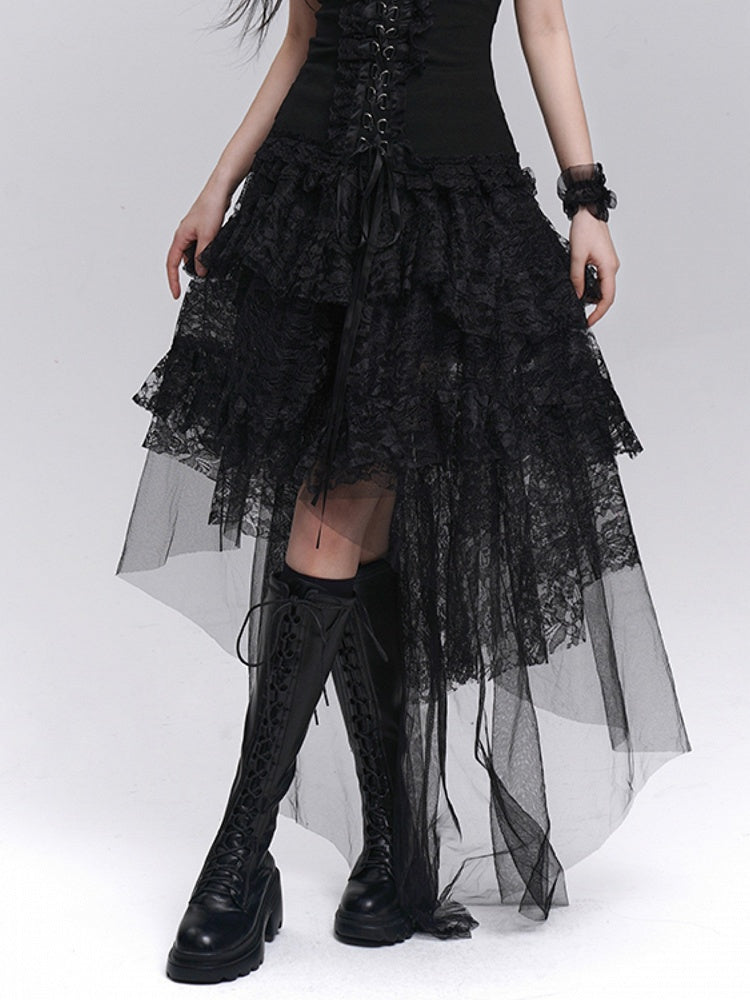 Gothic Black High-Low Tiered Lace Skirt