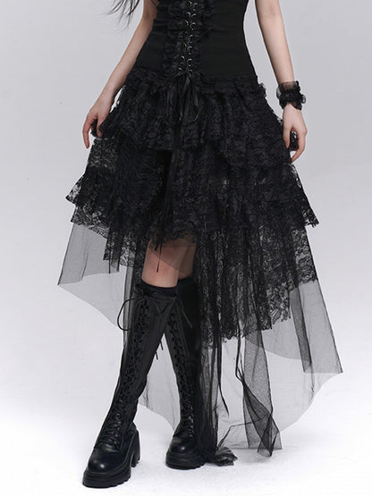 Gothic Black High-Low Tiered Lace Skirt