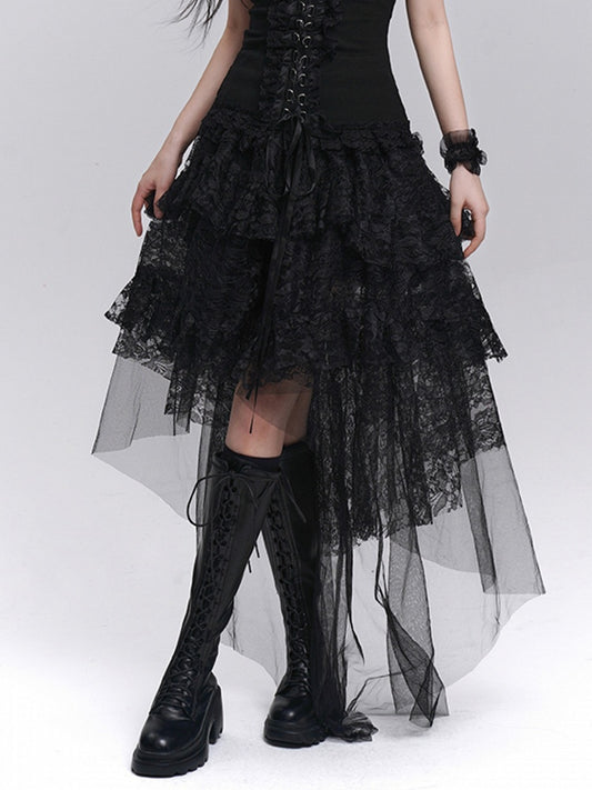 Gothic Black High-Low Tiered Lace Skirt