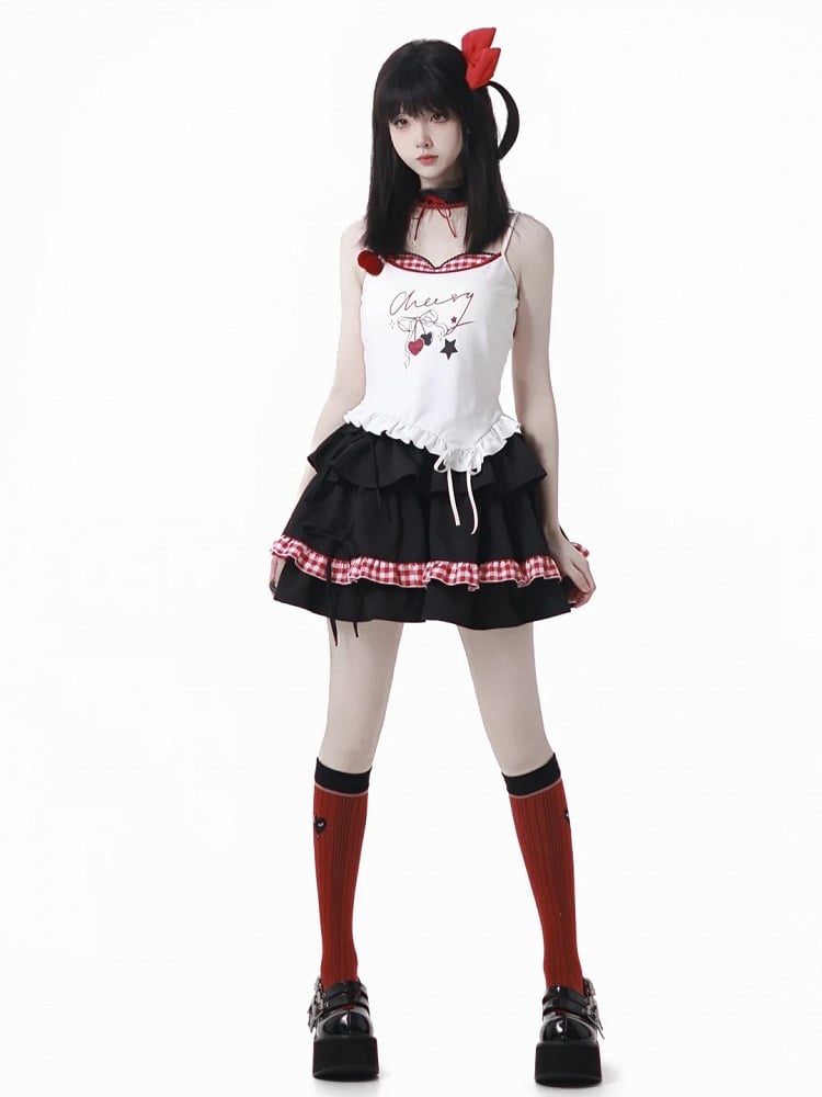 Cherry Charm White Cami Top with Red Plaid Neckline